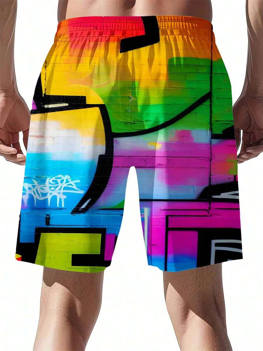 Swim Trunk Shorts - Mens Rainbow Graffiti Print Swim Trunks