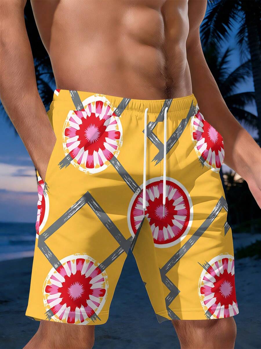 Swim Trunk Shorts - Mens Geometric Floral Print Beach Shorts