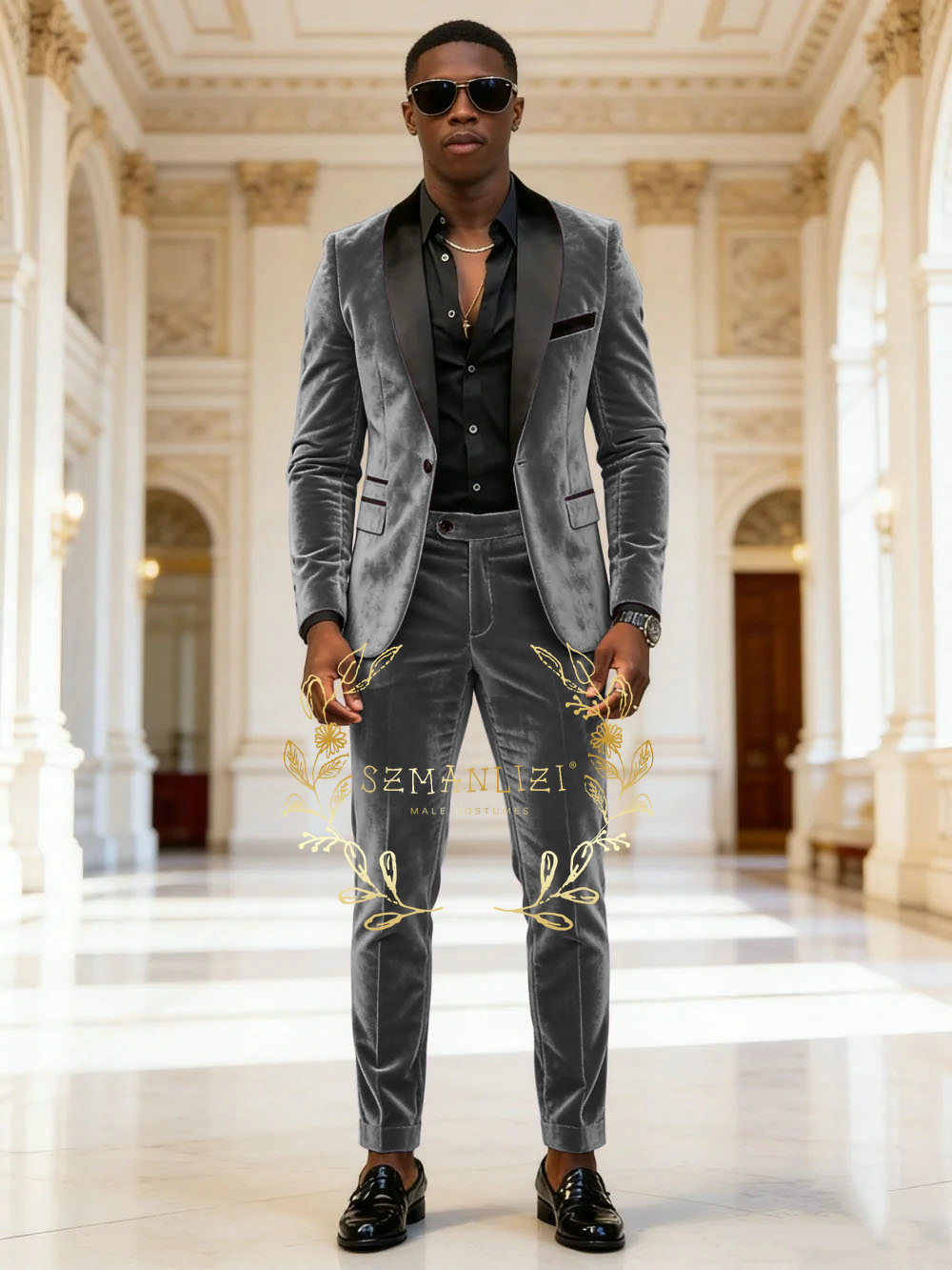 Dark Grey Velvet 2 Pieces Men  - Mens Fashion Dark Grey Pants recension och pris